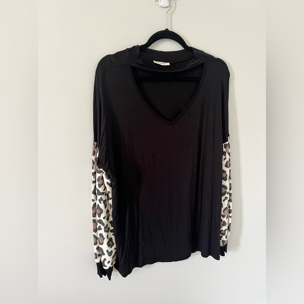 ADORA Black V-Neck Top with Leopard Print Sleeves